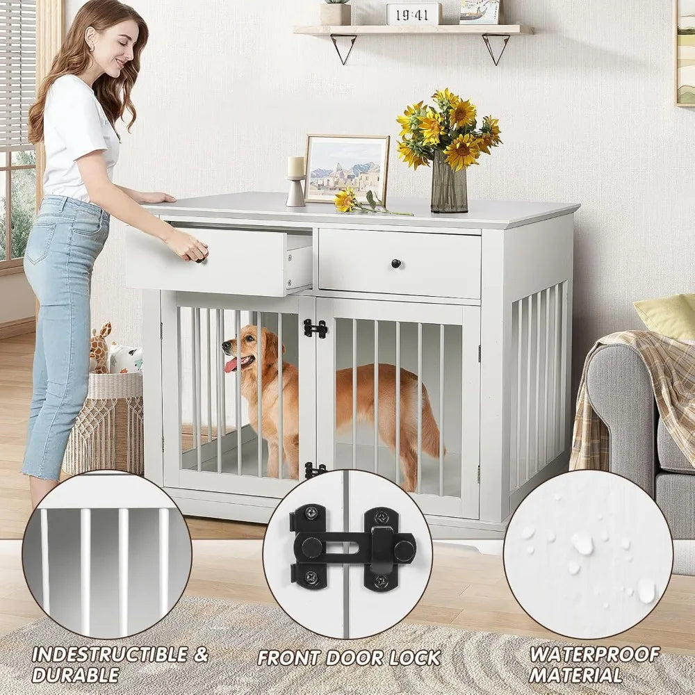 44inch Dog Crate Furniture with Drawers,Wooden Dog Kennel Furniture for Large Breed,End Table Wood Dog House for Indoor use,for