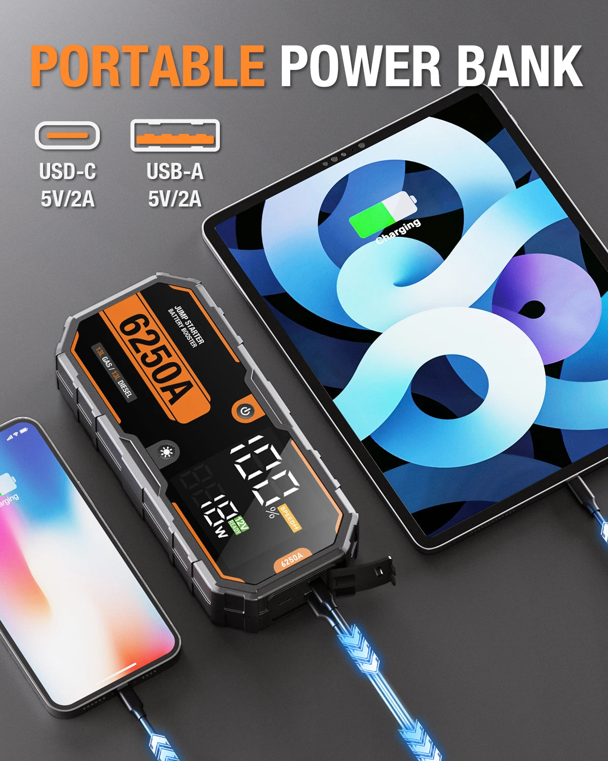 Car 6250A 30000mAh Portable 12V  Jump Starter Power Bank 12V Auto Battery Charger Booster Starting Device