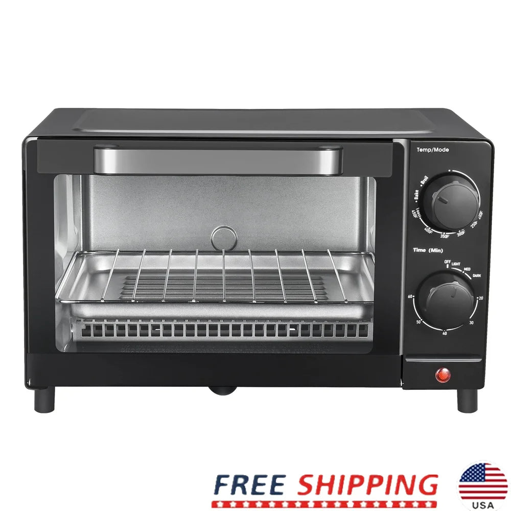 1050W 4-Slice Toaster Oven with 3 Settings Adjustable Timer Bake Broil Toast Space-Saving Design Includes Baking Rack Pan Easy