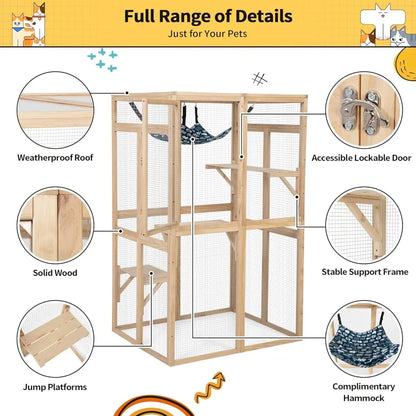 Wooden Outdoor Cat Enclosure with Window Access, Patio Shelter, and Hammock for Indoor Use
