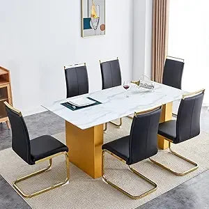 71" Glass Dining Table Set for 6, 7 Piece Dining Table Set with Tempered Glass Top & 6 White PU Leather Ergonomic Chairs, Modern