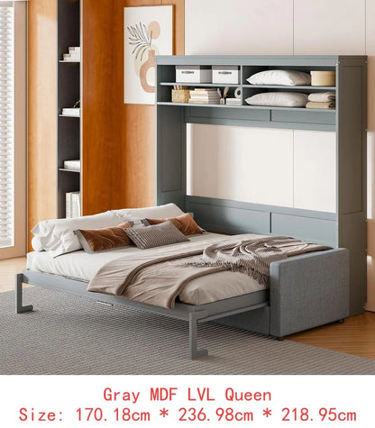 Walnut & Gray Full-Size Murphy Bed with Foldable Desk - Space-Saving Wall Bed for Compact Living