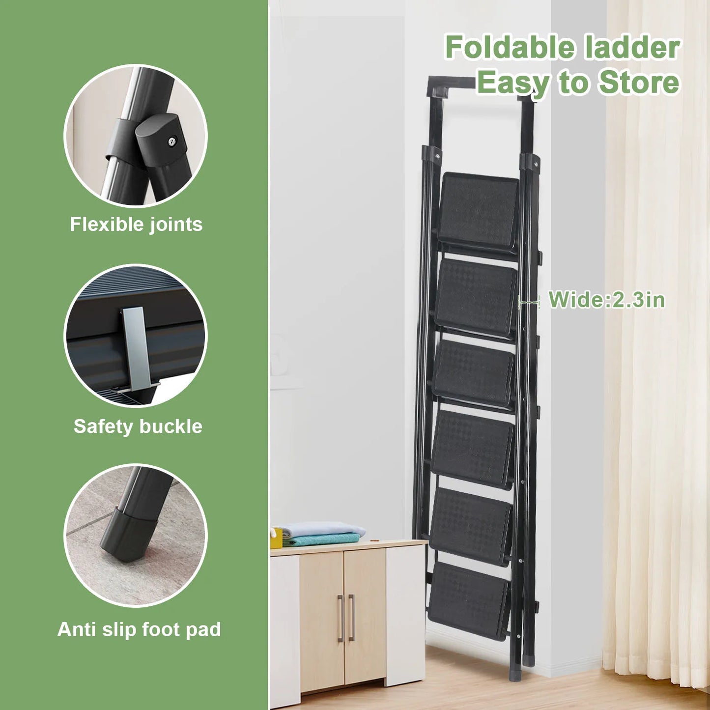 6 Step Ladder Lightweight Foldable Ladder with Non-Slip Wide Pedals Stepladder with Safe Handrail Space Saving for Home
