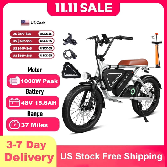 20-inch adult electric scooter 1000W LED mid-mounted motor puncture-resistant wide tires 48V15.6Ah battery BMS system E bicycle