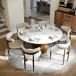 59" Round Dining Table for 4-6, Glossy White Sintered Stone Dining Tabletop with Bronze Carbon Steel Pedestal, Modern Dining Ro
