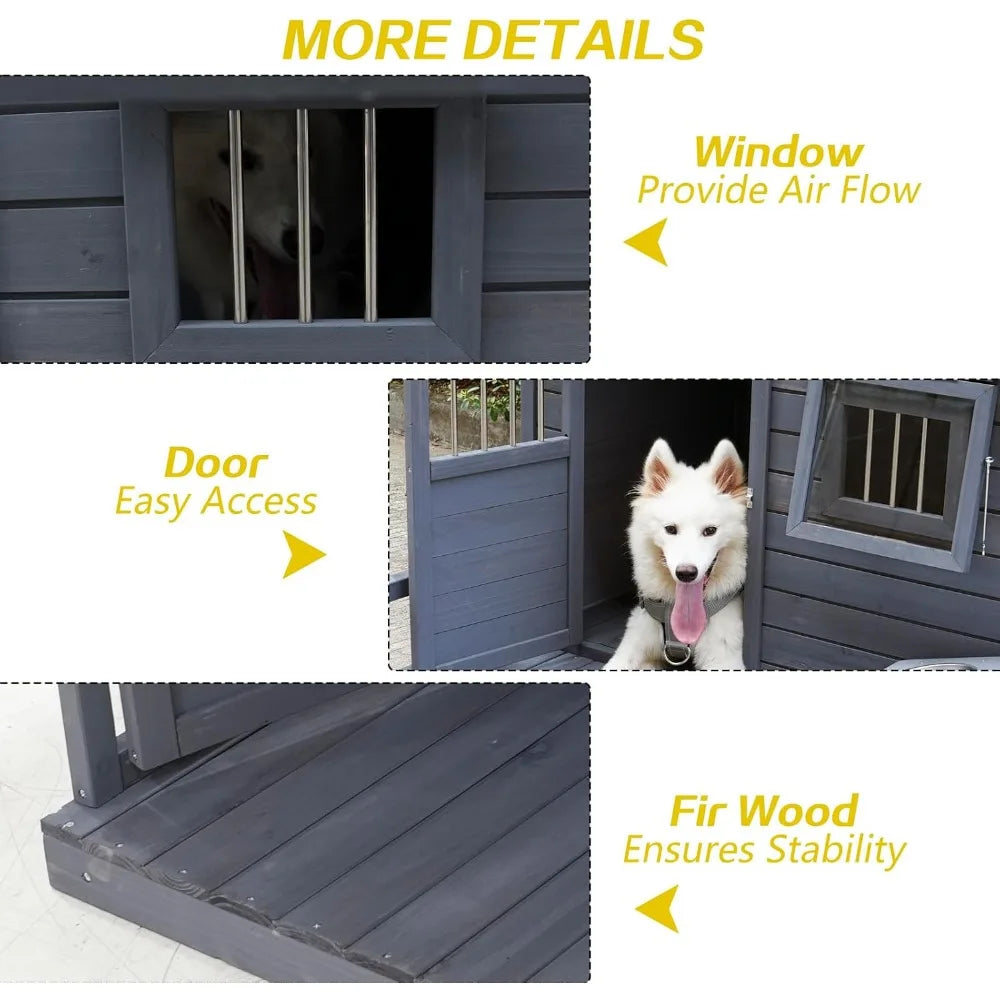 Dog House with Porch, Outdoor Indoor Wooden Doghouse with Dog Bowl, Door, Window, Removable Base Plate, Weatherproof Dog Kennel