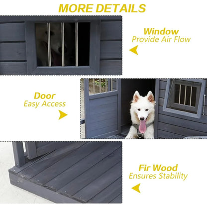 Dog House with Porch, Outdoor Indoor Wooden Doghouse with Dog Bowl, Door, Window, Removable Base Plate, Weatherproof Dog Kennel