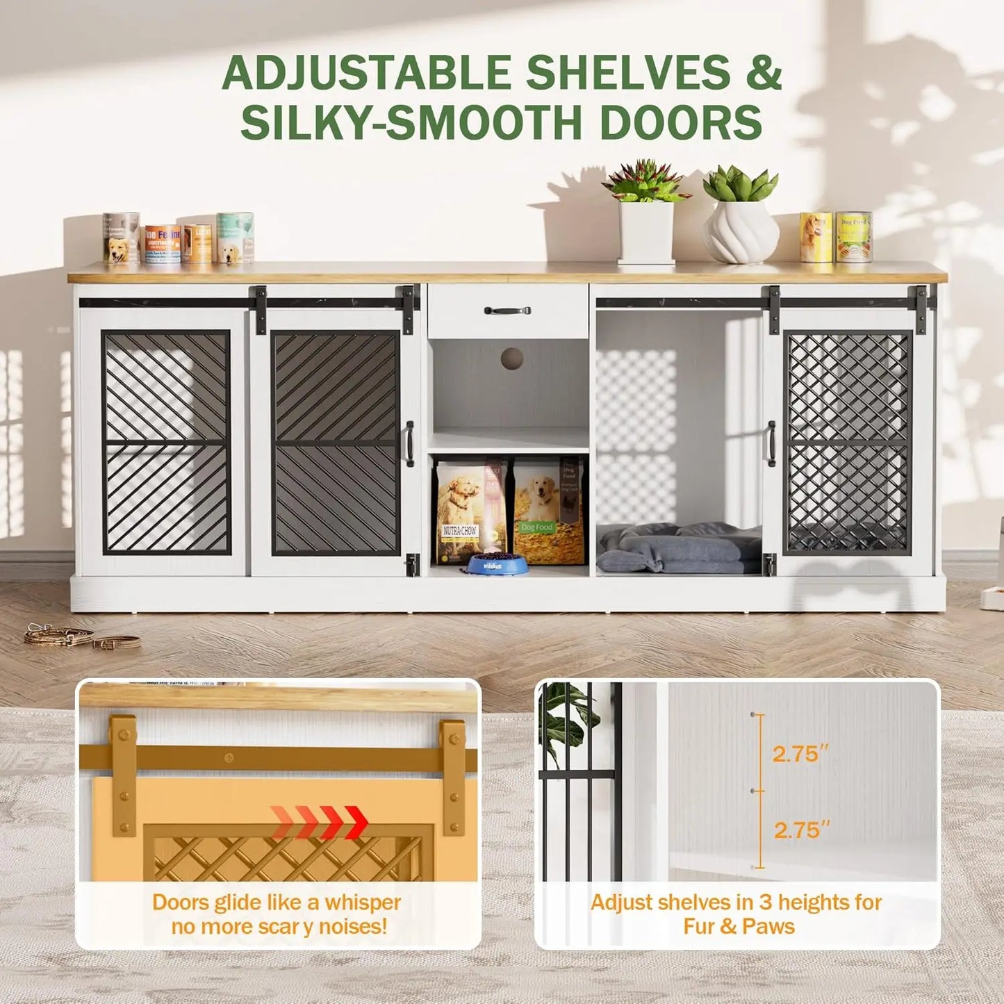 86.6" Dog Crate Furniture for 2 Dogs,Dog Kennel Indoor,Heavy Duty Dog House as Entertainment Center,White