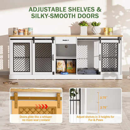 86.6" Dog Crate Furniture for 2 Dogs,Dog Kennel Indoor,Heavy Duty Dog House as Entertainment Center,White