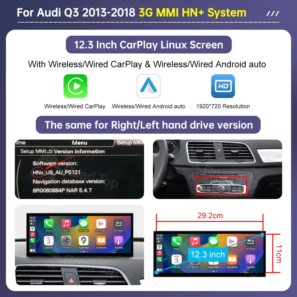 Road Top 12.3" Linux Screen Multimedia For Audi Q3 2013-2018 Wireless CarPlay Android Auto Airplay Car Radio Player