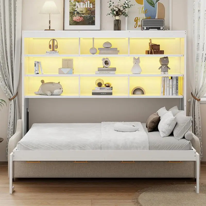 Murphy Cabinet Bed with Sofa, Storage Shelves & LED Light, Beige Color