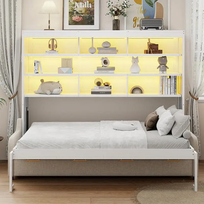 Murphy Cabinet Bed with Sofa, Storage Shelves & LED Light, Beige Color