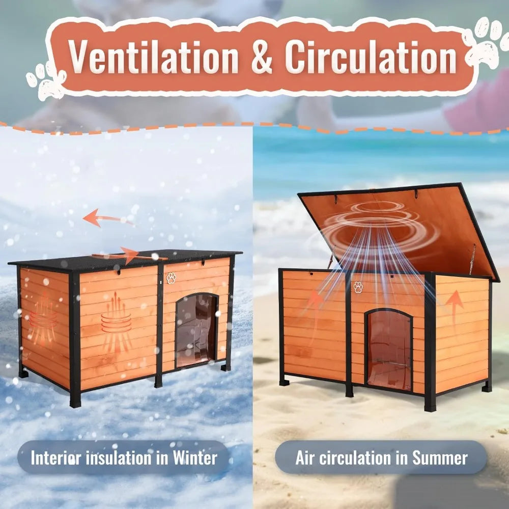 Outdoor Dog House, Indoor Outdoor Doghouse Puppy Shelter Dog House with Iron Frame,Anti-Bite Design Dog Home for Small Medium So