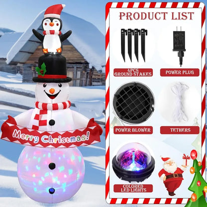 6FT Christmas Snowman Inflatable Decoration with Rotating LED Lights for Outdoor Holiday Party Patio Garden Lawn and Yard Decor