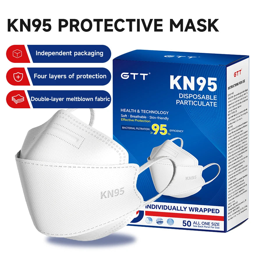 GTT 50-200Pcs Disposable Masks KN95 Fish-shaped 3D Mask Independent Packag 4-layer Filter Dust-proof Protection Mask Black White