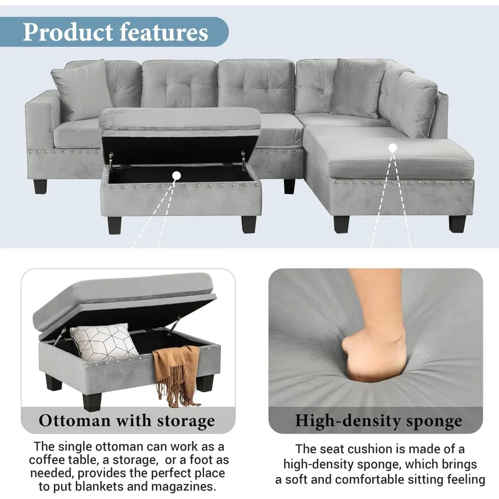 Modern Sectional Sofa with Storage Ottoman with 2 Pillows and 2 Cup Holders