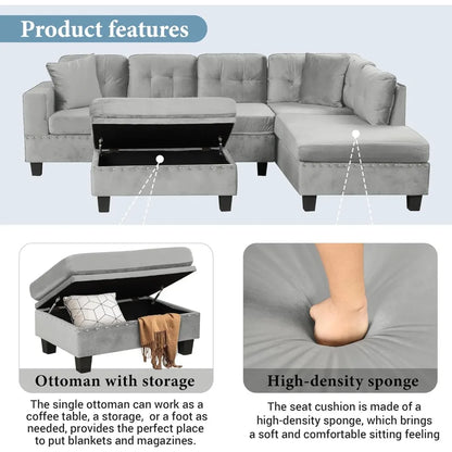 Modern Sectional Sofa with Storage Ottoman with 2 Pillows and 2 Cup Holders