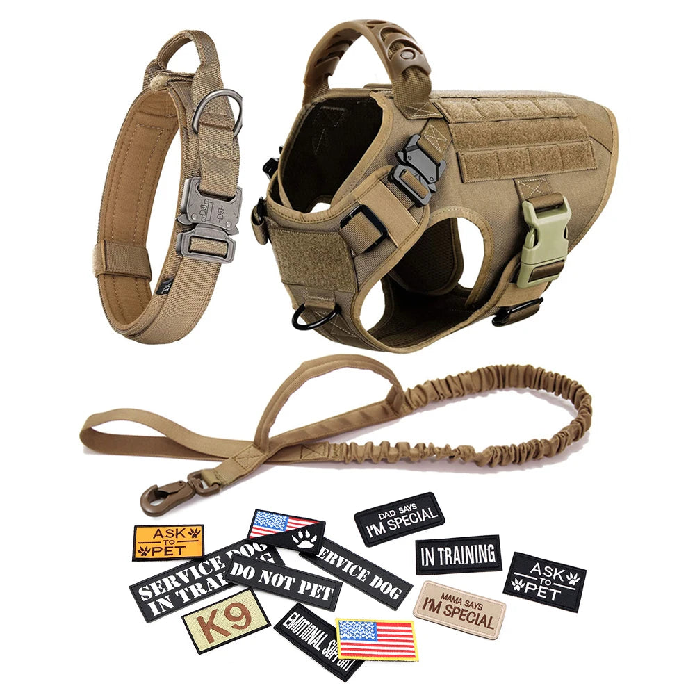 Dog Harness Leash Collar Patches Set for Medium Large Dogs Military Pet Vest Adjustable Tactical Dog Harnesses Training Walking