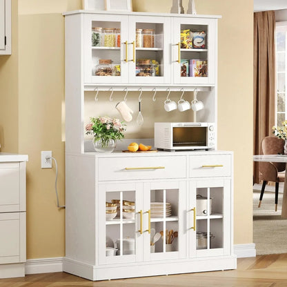 71'' Kitchen Pantry Storage Cabinet with Microwave Stand, Tall Freestanding Hutch Cabinets with Power Outlet, Pantry Cabinets w