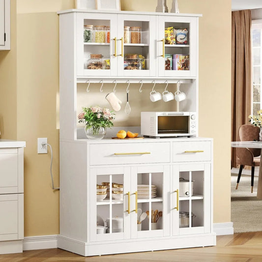 71'' Kitchen Pantry Storage Cabinet with Microwave Stand, Tall Freestanding Hutch Cabinets with Power Outlet, Pantry Cabinets w