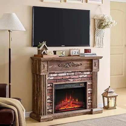 43" Electric Fireplace with Mantel, Electric Fireplace Heater, TV Stand w/Freestanding Electric Fireplaces, Stacked Stone Surrou