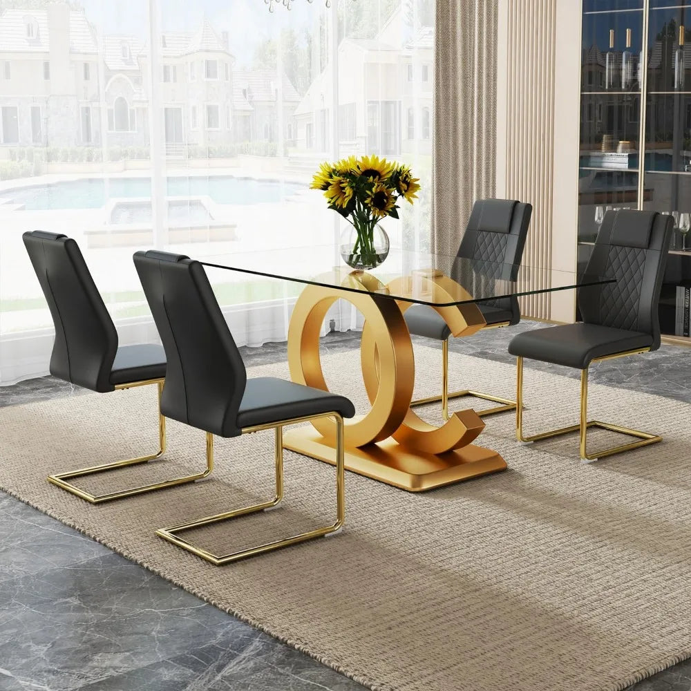 Modern Dining Table Set for 4 ，5 Piece Dining Table Chairs Set for 4,Glass Table Top and MDF Base，Rectangular Dining Room Table