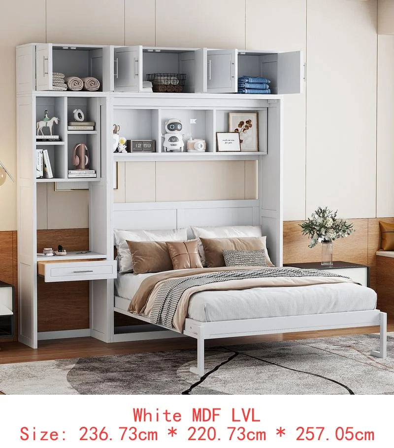 Queen Murphy Bed with Desk, Top Cabinet & Storage Shelves - Space Saving Foldable Bed in Gray