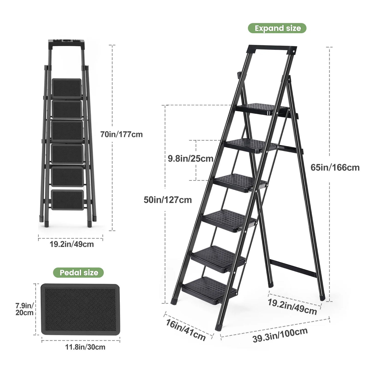 6 Step Ladder Lightweight Foldable Ladder with Non-Slip Wide Pedals Stepladder with Safe Handrail Space Saving for Home