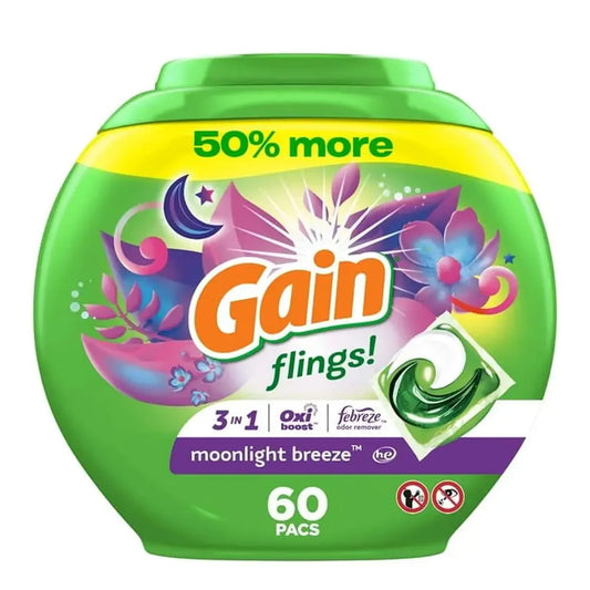 Gain Flings Laundry Detergent Pods 60 Count Moonlight Breeze Scent All Machine Compatible OxiBoost Febreze Heavy-Duty Cleaning
