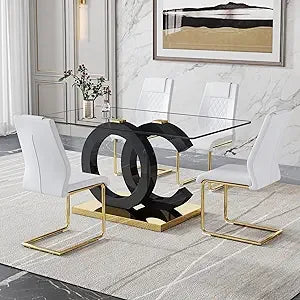 Modern Dining Table Set for 4 ，5 Piece Dining Table Chairs Set for 4,Glass Table Top and MDF Base，Rectangular Dining Room Table