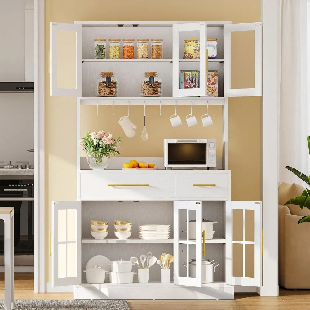 71'' Kitchen Pantry Storage Cabinet with Microwave Stand, Tall Freestanding Hutch Cabinets with Power Outlet, Pantry Cabinets w