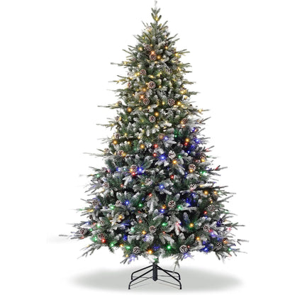 6Ft/7.5Ft/9Ft Pre-Lit Snow Flocked Christmas Tree 8-Modes LED Lights Prelit Artificial Tree With Fake Pine Cones For Home Decor