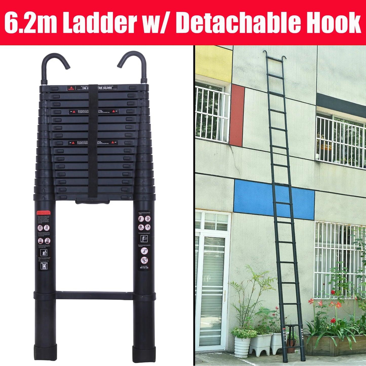 NEW! Stronger Black Telescopic Ladders 10.5FT-20.3FT Folding Aluminium with Detachable Hooks Extendable Steps Non-Slip Home Tool