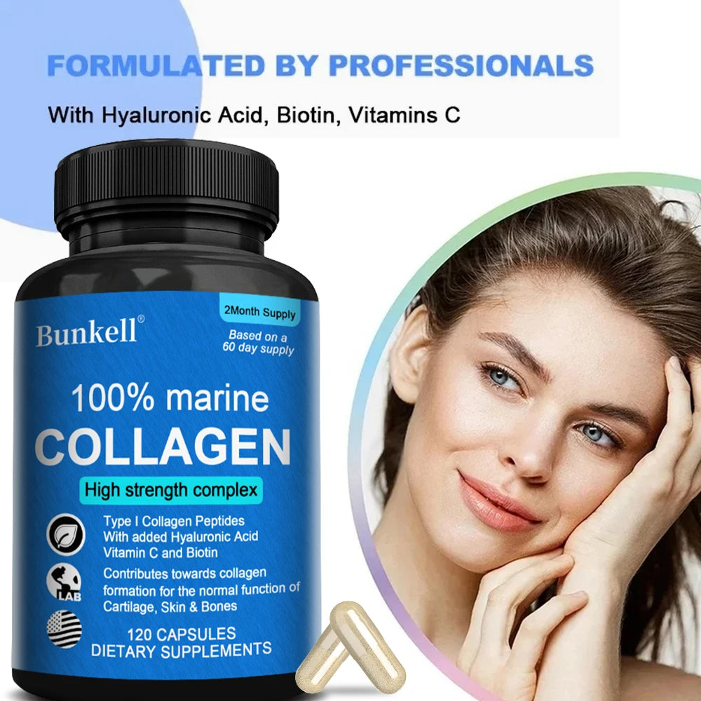 Marine Collagen | with Hyaluronic Acid, Vitamin C and Biotin | High Strength Collagen Supplement for Men and Women 120 Capsules