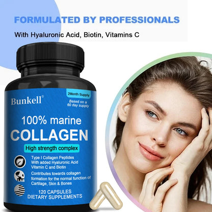 Marine Collagen | with Hyaluronic Acid, Vitamin C and Biotin | High Strength Collagen Supplement for Men and Women 120 Capsules