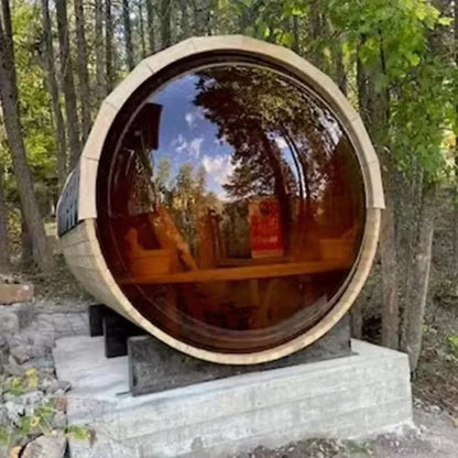 Outdoor Panoramic Barrel Sauna, 4-6 Person Wooden Sauna Room 220V with 6KW Electric Heater and Full Accessories