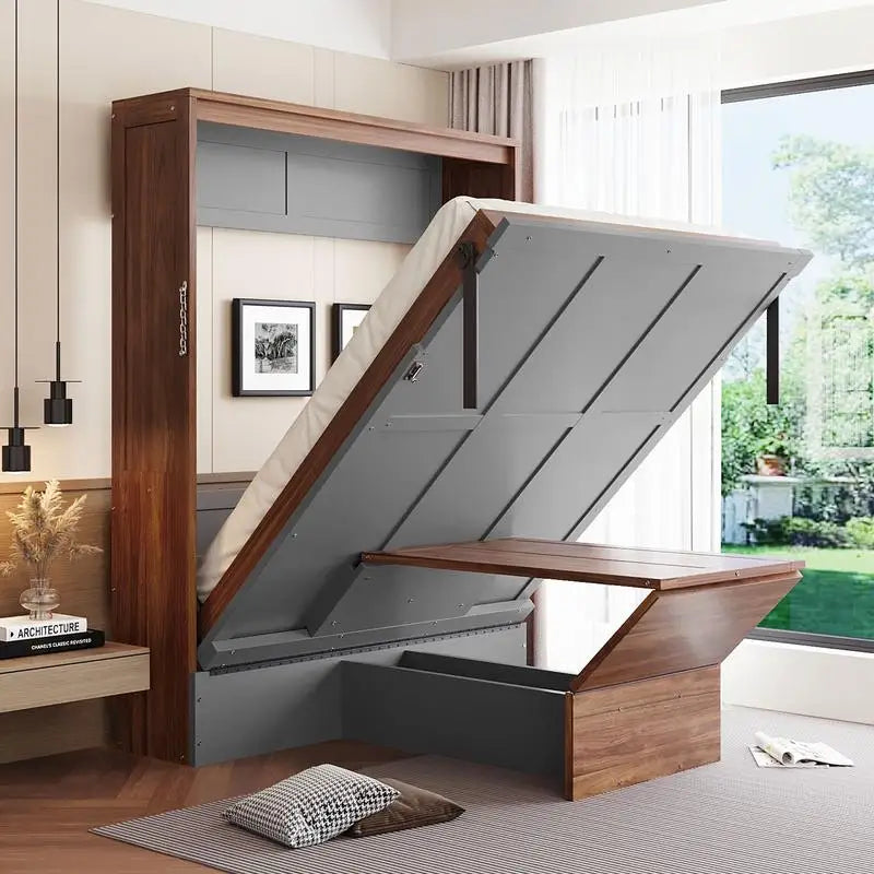 Walnut & Gray Full-Size Murphy Bed with Foldable Desk - Space-Saving Wall Bed for Compact Living