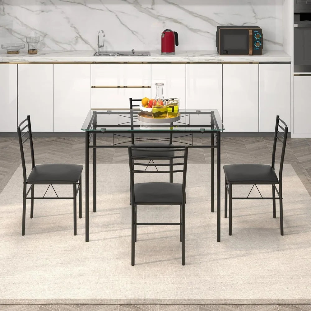5 Piece Dining Table Set, Kitchen Dining Set with Tempered Glass Table Top and 4 Upholstered Chairs, Dinette Set for 4 for Brea