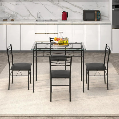 5 Piece Dining Table Set, Kitchen Dining Set with Tempered Glass Table Top and 4 Upholstered Chairs, Dinette Set for 4 for Brea
