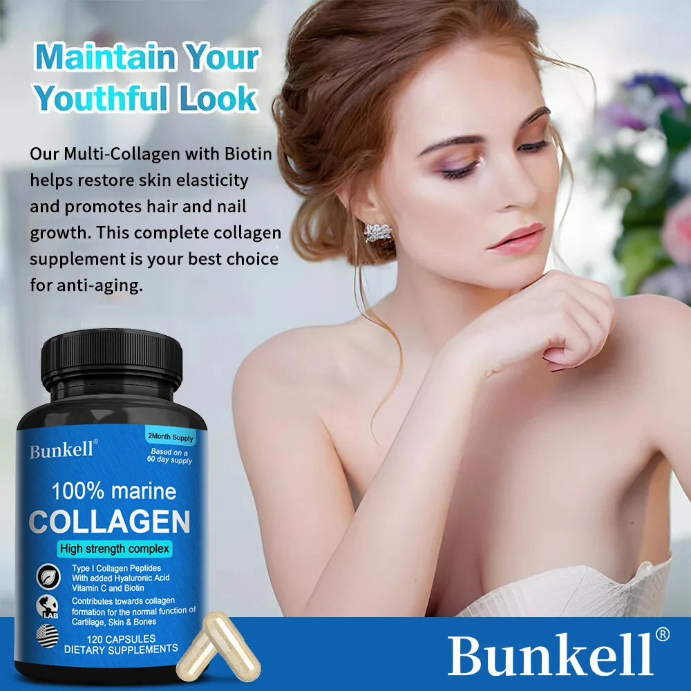 Marine Collagen | with Hyaluronic Acid, Vitamin C and Biotin | High Strength Collagen Supplement for Men and Women 120 Capsules