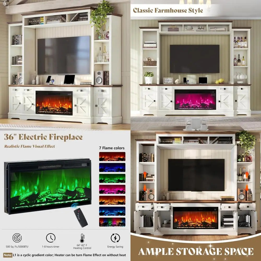 Farmhouse Style 98-inch Entertainment Center with Fireplace, TV Stand, Bookshelf, Wine Cabinet for 75-inch TVs