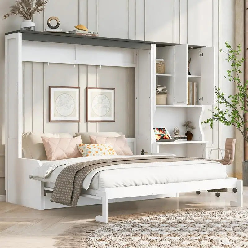 Queen Murphy Bed with Sofa, Desk, and Storage Cabinet - Space-Saving Foldable Design for Small Spaces