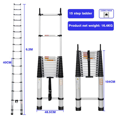 BRIEFNESS 6.2M/20.3FT Multi-Purpose Aluminium Telescopic Ladder W/Detachable Hooks&Extendable Steps,load capacity 150kg,No-slip