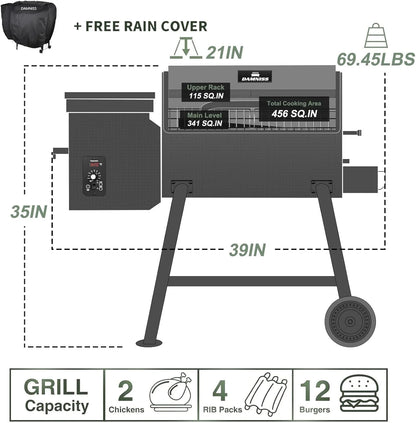 Electric Wood Pellet Smoker Grill 8 In 1 BBQ Grills for Outdoor Grill with Auto Feed & PID Temperature Control (180-450°F)456 Sq