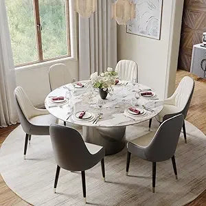59" Round Dining Table for 4-6, Glossy White Sintered Stone Dining Tabletop with Bronze Carbon Steel Pedestal, Modern Dining Ro