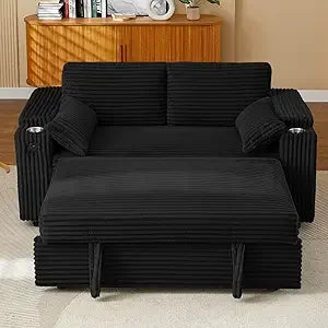 Loveseat, 68.11" Corduroy Sleeper Chair Bed with USB Port, Cup Holders & Side Storage Pockets – 3-in-1 Foldable Sofa Bed for Guest Room