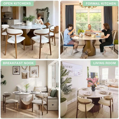 59" Round Dining Table for 4-6, Glossy White Sintered Stone Dining Tabletop with Bronze Carbon Steel Pedestal, Modern Dining Ro