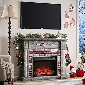 43" Electric Fireplace with Mantel, Electric Fireplace Heater, TV Stand w/Freestanding Electric Fireplaces, Stacked Stone Surrou
