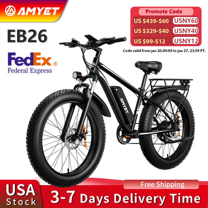 AMYET Electric Bike EB26 Adults Electric Bicycle Peak 1500W 48V 15AH e bike 26" Fat Tire Mountain Bike 31mph  Electric Dirt Bike