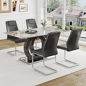 Modern Dining Table Set for 4 ，5 Piece Dining Table Chairs Set for 4,Glass Table Top and MDF Base，Rectangular Dining Room Table